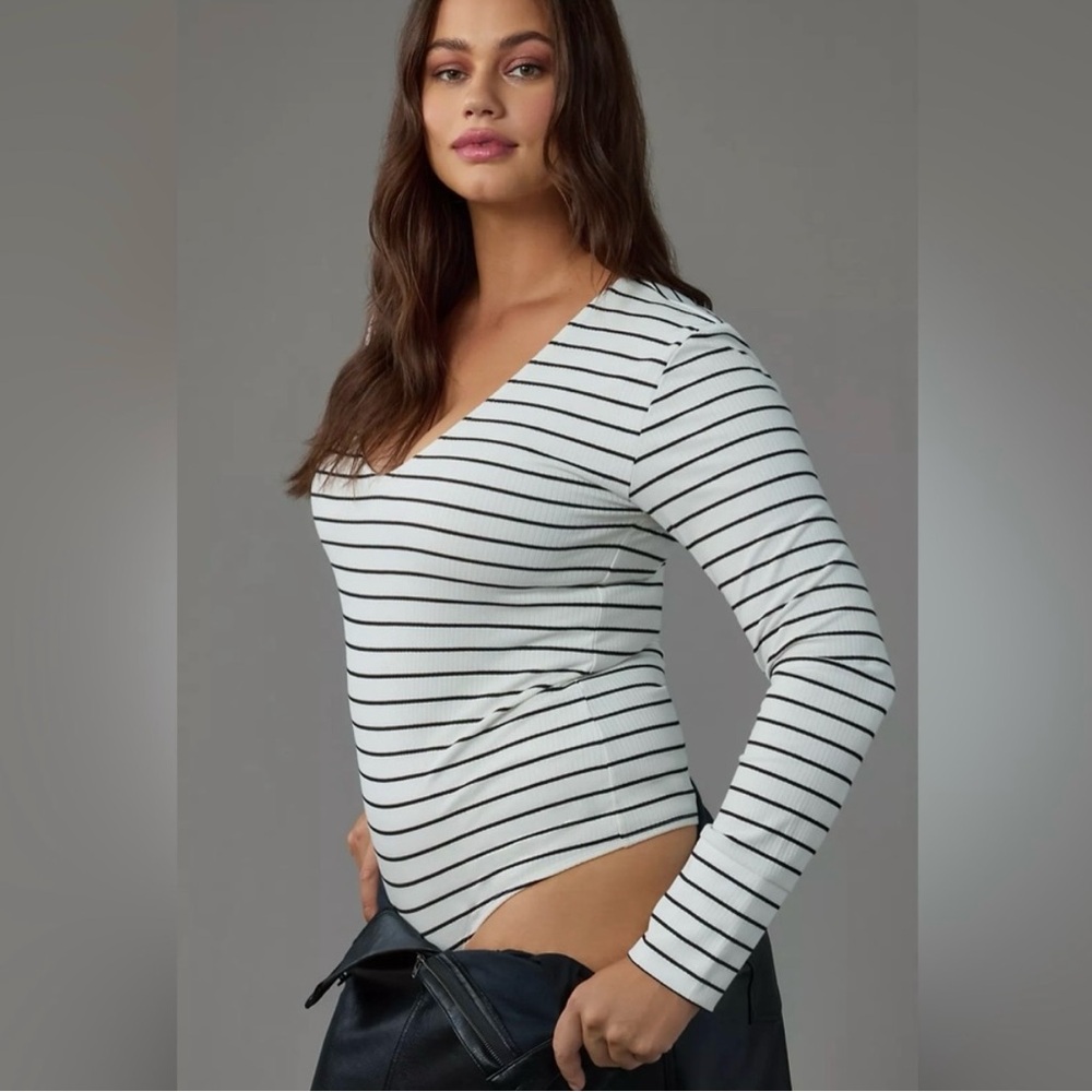 Anthropologie Pilcro Black and White Striped Bodysuit
